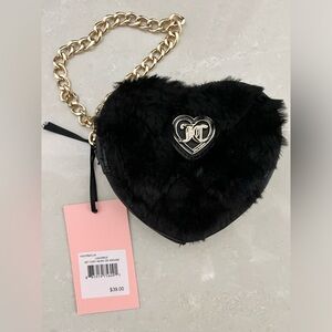 Juicy Couture Lets Get Cozy Zip Around Heart Wallet Faux Fur Black New With Tags